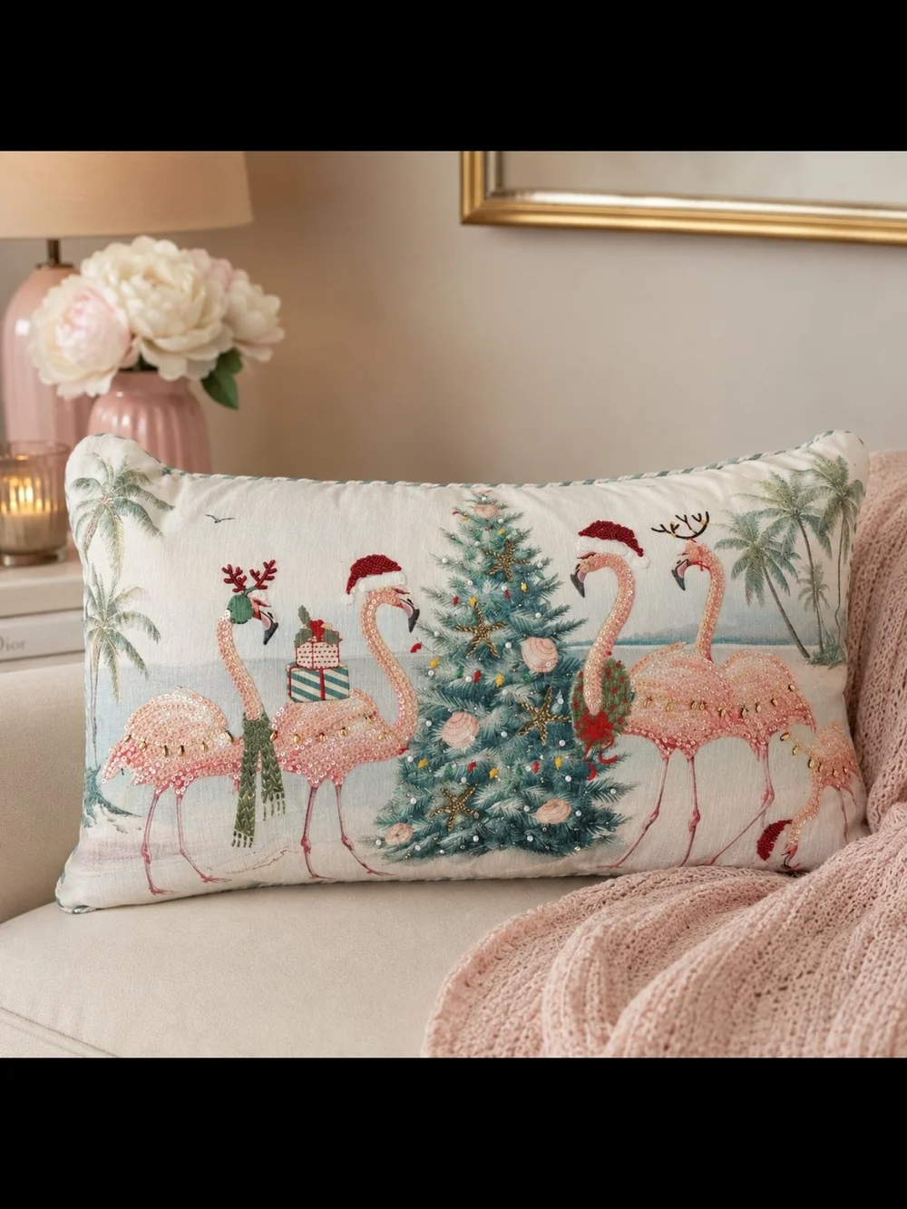 Holiday Flamingo Decorative Pillow - Pink & Teal